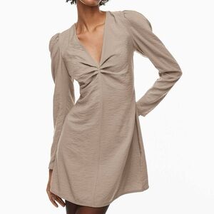 Wilfred| Aritzia| Taupe ‘Freda’ Long Puff Sleeve V-Neck Twill Mini Dress Sz 0